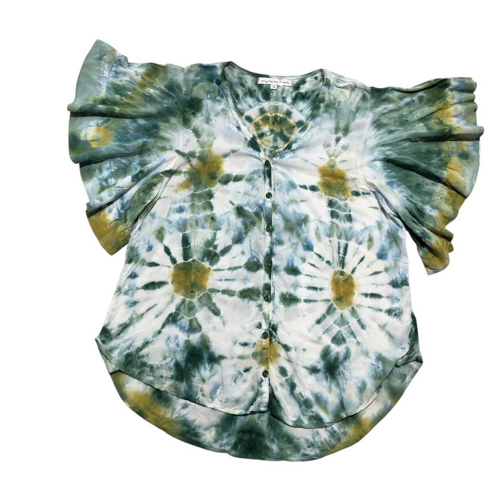 Young Fabulous & Broke Tie Dye Flutter Sleeve Top Green S Womens Boho Peasant